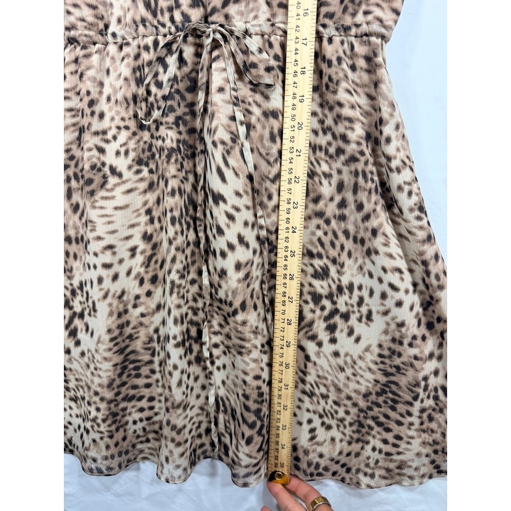 LOFT Animal Print Dress Women MP Brown Excellent Drawstring Waist Puff Sleeve - Picture 2 of 7